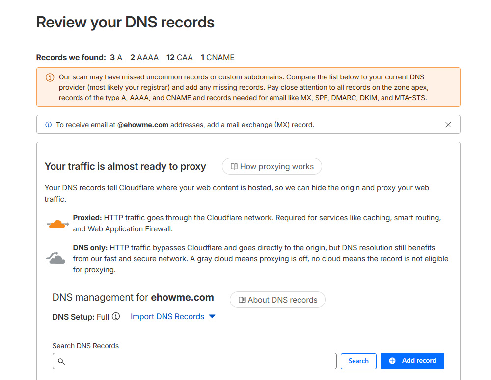 หน้า Review DNS Records ของ Cloudflare