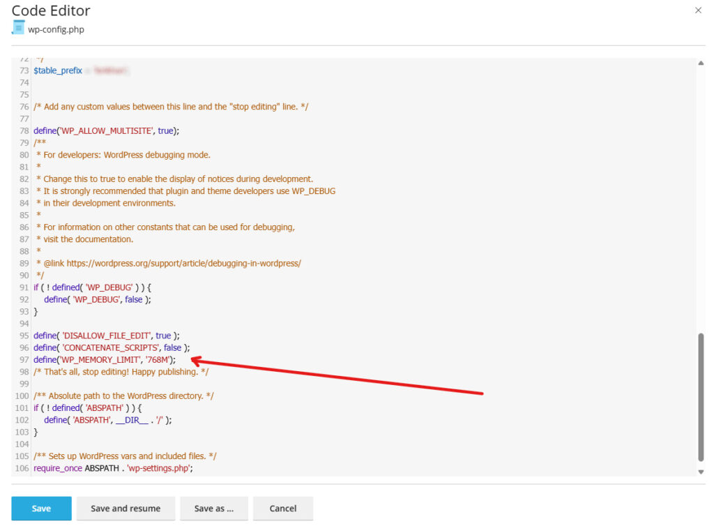 ตัวอย่างการเพิ่มหน่วยความจำ WordPress ผ่าน wp-config.php ให้เป็น 768M