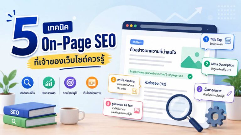 5 เทคนิคการทำ On-Page SEO ที่เจ้าของเว็บไซต์ควรรู้ พร้อมตัวอย่างการปรับแต่ง Title Tag, Meta Description, Content และ Alt Text เพื่อเพิ่มอันดับบน Google.