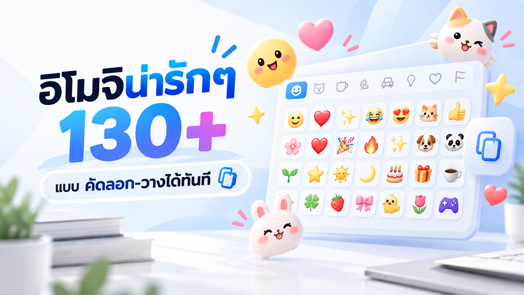 อิโมจิน่ารักๆ 130+ แบบ บนแป้นพิมพ์อิโมจิ พร้อมตัวการ์ตูนแมวและกระต่ายน่ารัก สำหรับคัดลอกไปวางใช้งาน