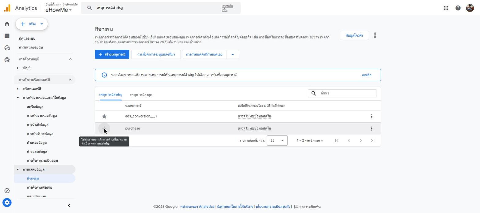 การตั้งค่า Key event ใน Google Analytics 4 โดยกดไอคอนดาวข้าง event ชื่อ purchase เพื่อทำเครื่องหมายเป็นเหตุการณ์สำคัญ