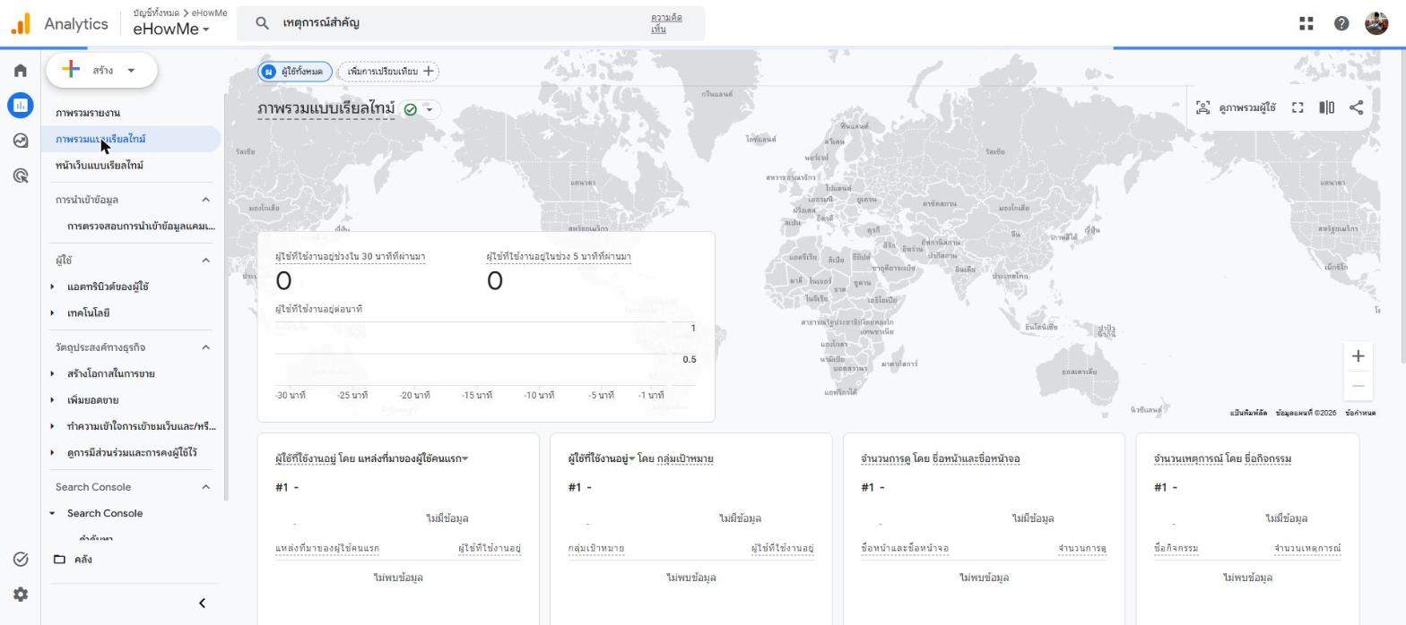 หน้ารายงาน Realtime ใน Google Analytics 4 แสดงแผนที่และจำนวนผู้ใช้งานที่กำลังใช้งานเว็บไซต์อยู่ขณะนี้