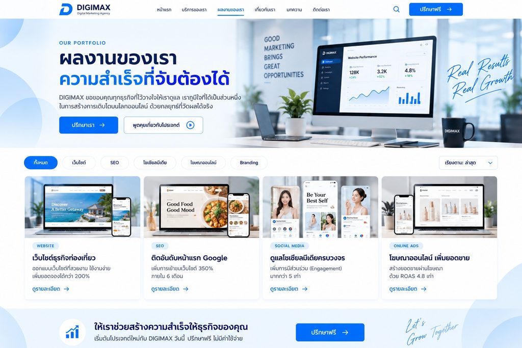 ตัวอย่างหน้าผลงาน มีตัวกรองตามหมวดหมู่และการ์ดแสดงผลงานแต่ละชิ้น