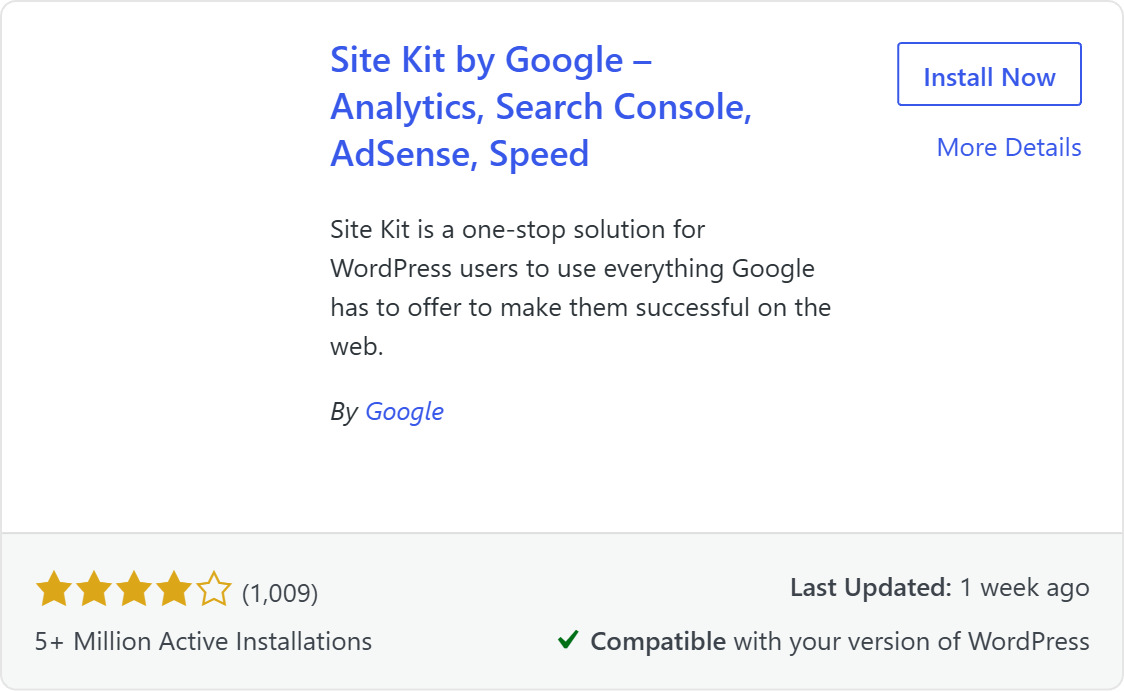 ค้นหาและติดตั้งปลั๊กอิน Site Kit by Google ในหน้า Add Plugins ของ WordPress