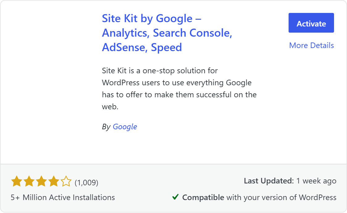 ปลั๊กอิน Site Kit by Google ติดตั้งเสร็จแล้ว พร้อมปุ่ม Activate เปิดใช้งาน
