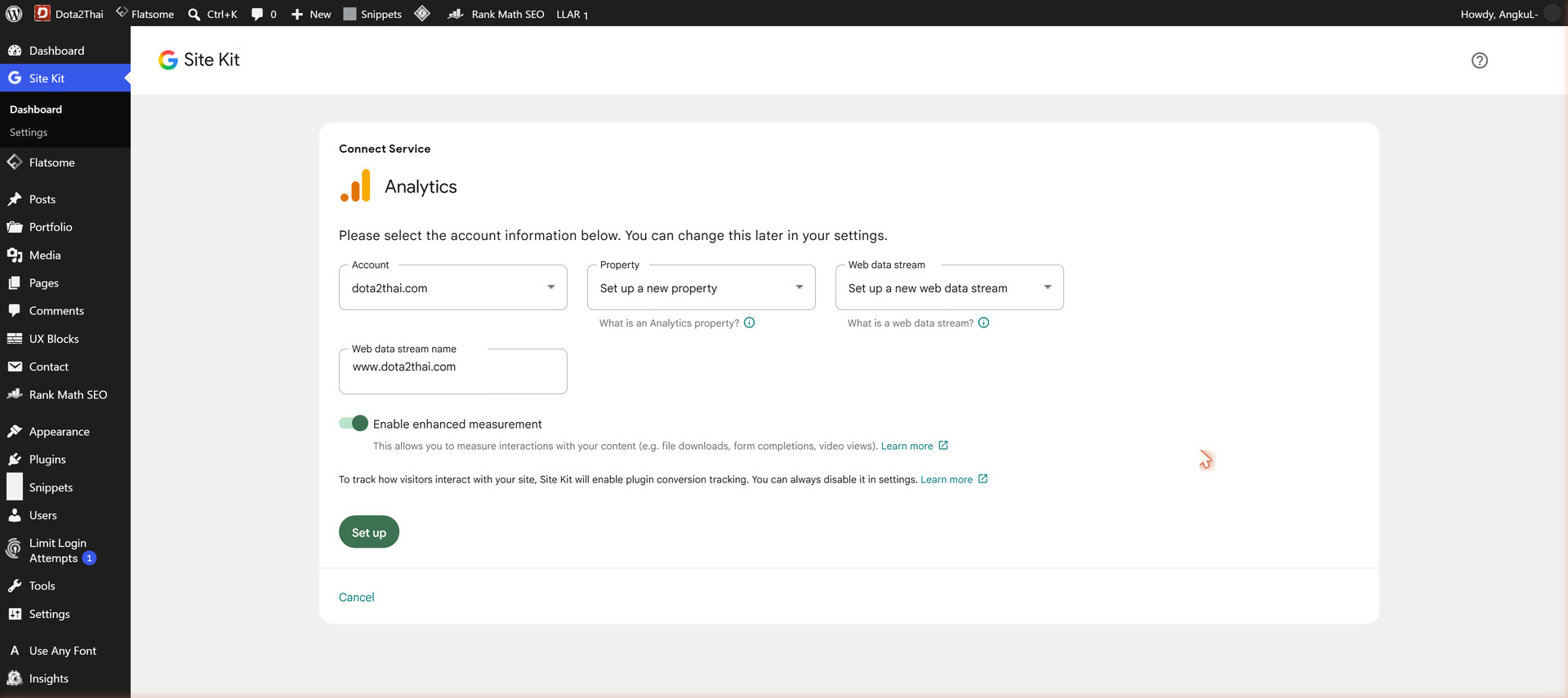 หน้าจอ Connect Service ของ Site Kit ให้เลือก Account, Property และ Web data stream สำหรับ Google Analytics