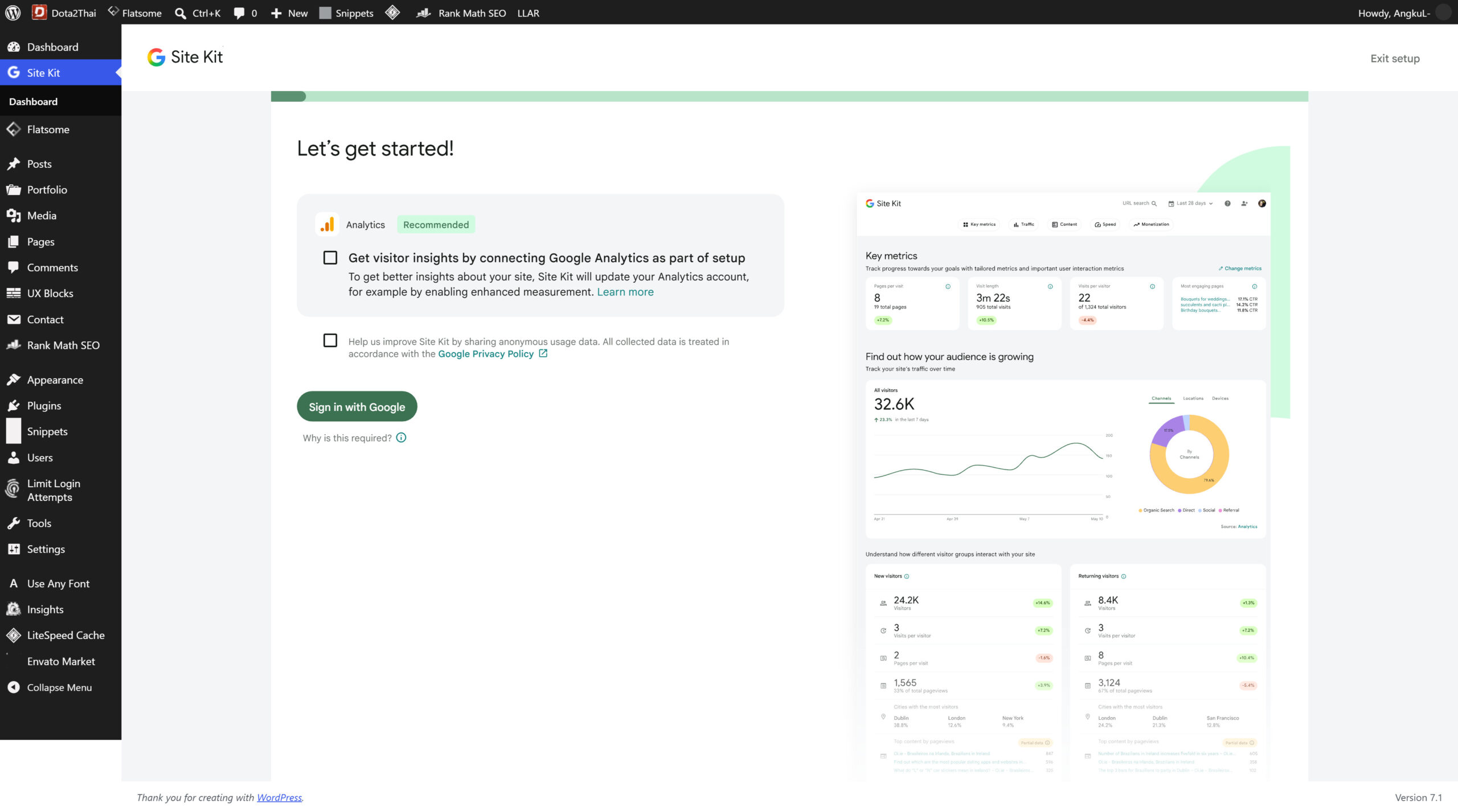 หน้าตั้งค่าเริ่มต้นของ Site Kit พร้อมปุ่ม Sign in with Google เชื่อมต่อ Search Console