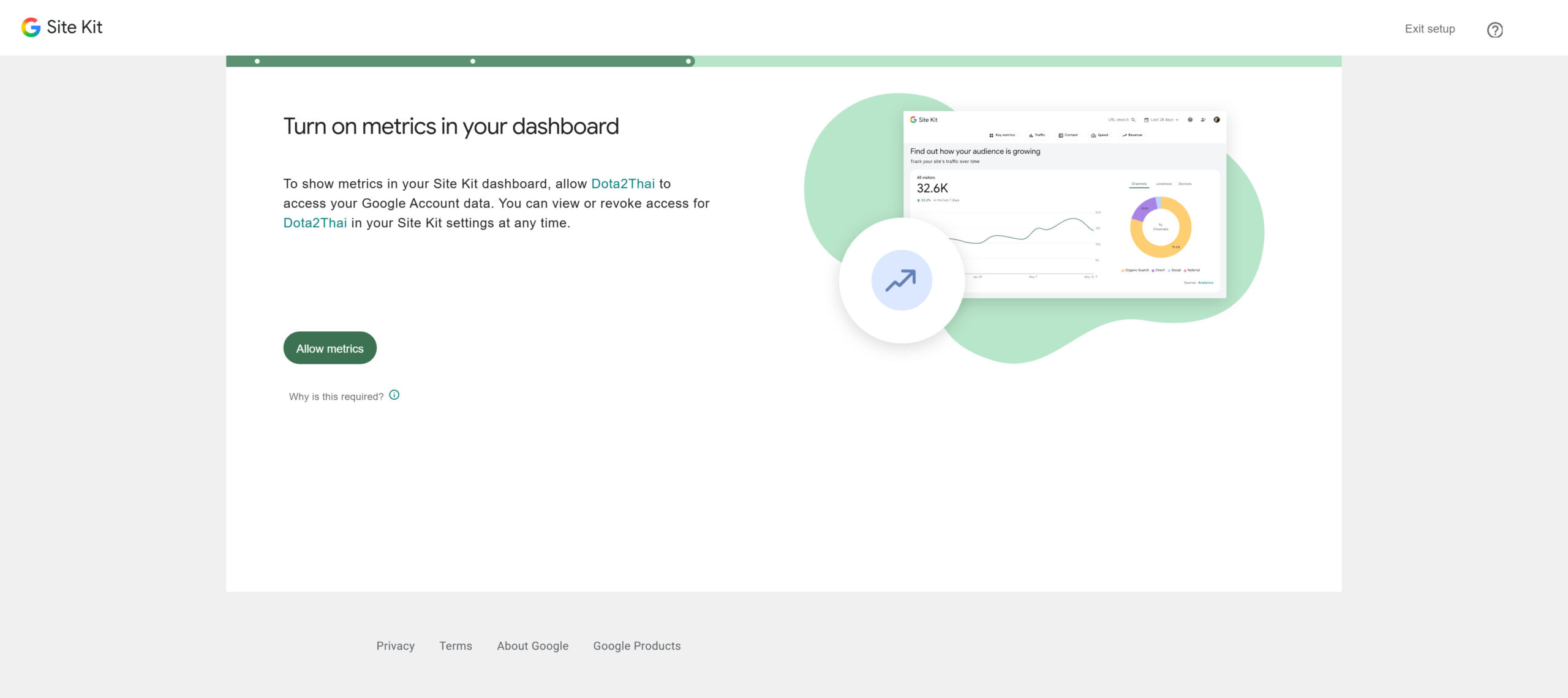 หน้าเปิดใช้งานแสดงผลข้อมูล Analytics และ Search Console ในแดชบอร์ด Site Kit
