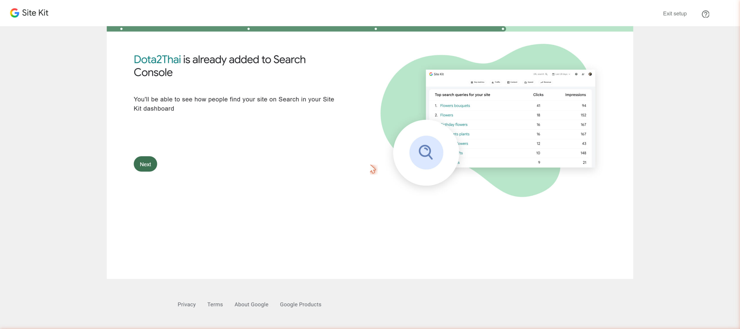 ยืนยันว่าเว็บไซต์ถูกเพิ่มเข้า Google Search Console เรียบร้อยผ่าน Site Kit