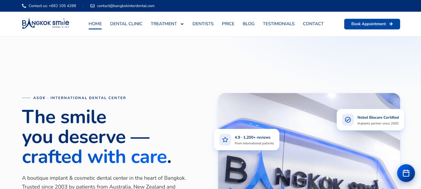 หน้าแรกเว็บ Bangkok Inter Dental คลินิกทันตกรรมย่านอโศก มีเมนู Dental Clinic Treatment Dentists Price Blog เบอร์โทร ปุ่ม Book Appointment และหัวข้อ The smile you deserve
