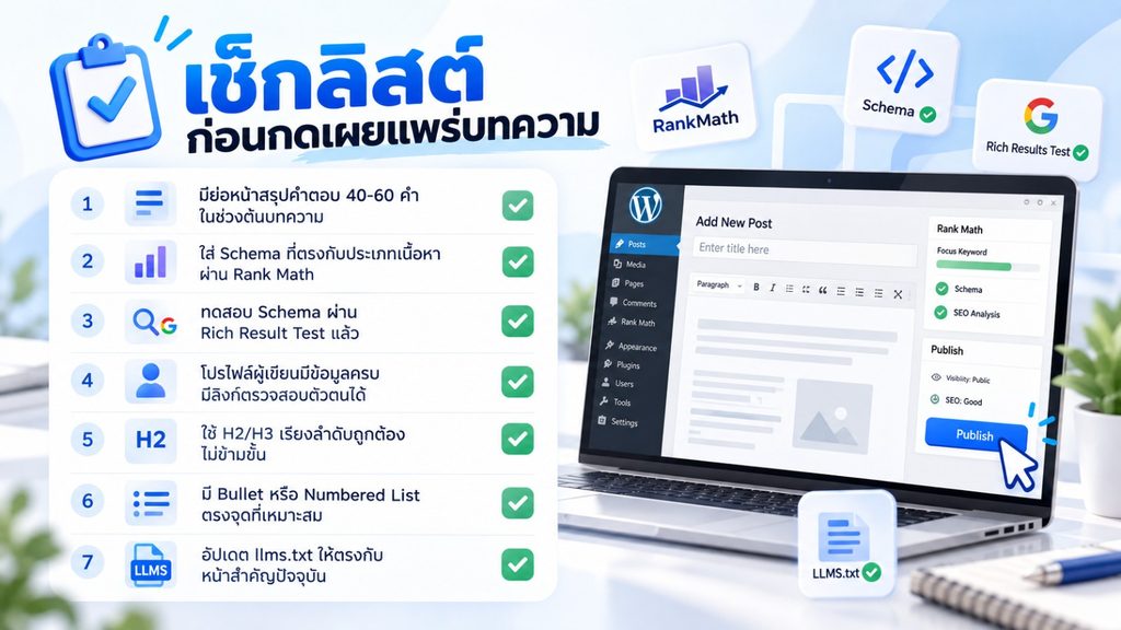 เช็กลิสต์ 7 ขั้นตอนก่อนเผยแพร่บทความ WordPress สำหรับการทำ SEO และรองรับ AI Overview รวมถึงการตั้งค่า llms.txt