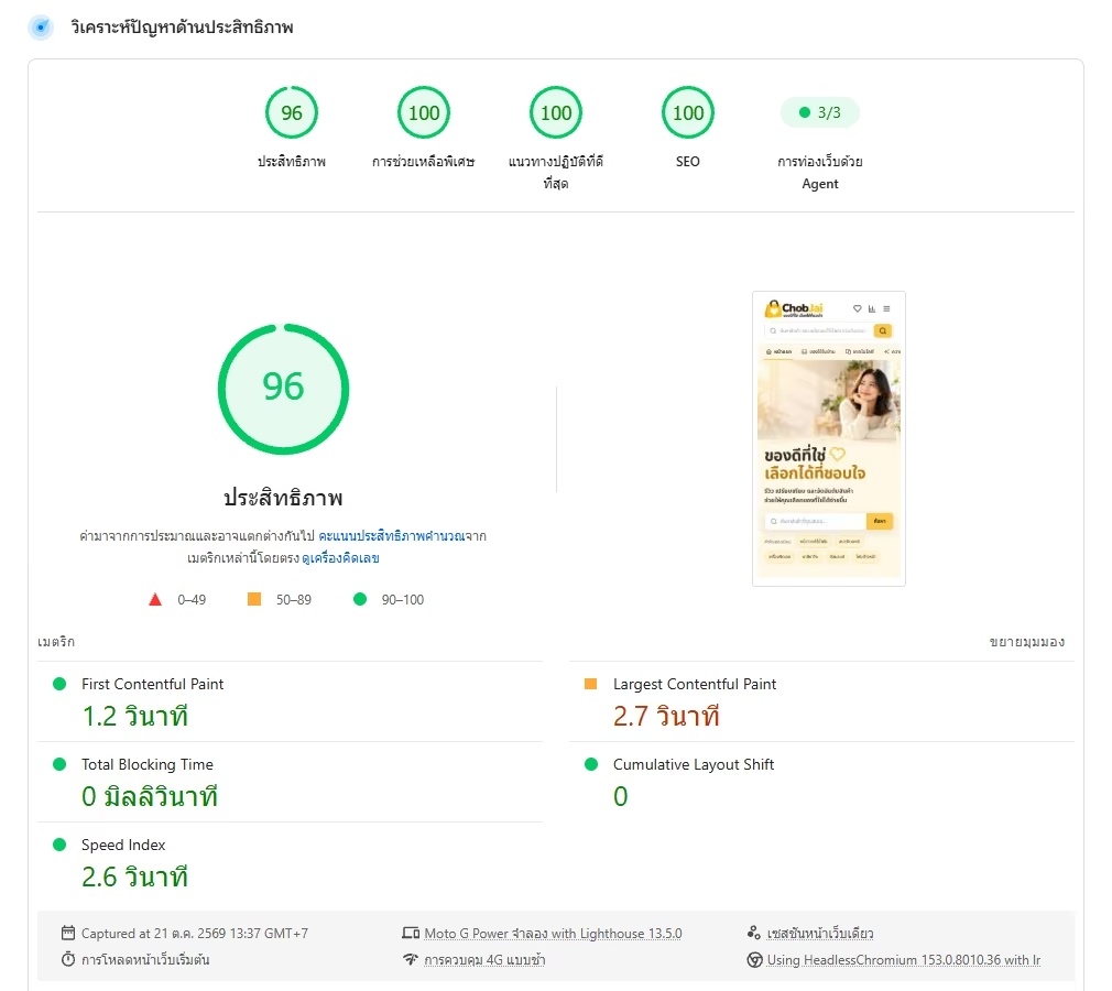 ผล PageSpeed Insights หน้าแรก ChobJai บนมือถือ คะแนนประสิทธิภาพ 96