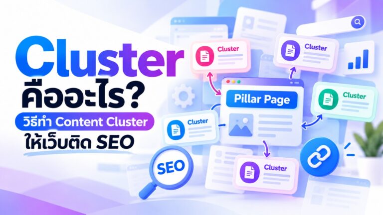 ภาพปกบทความ Cluster คืออะไร แสดง Pillar Page ตรงกลางเชื่อมกับการ์ดบทความย่อย Cluster รอบๆ