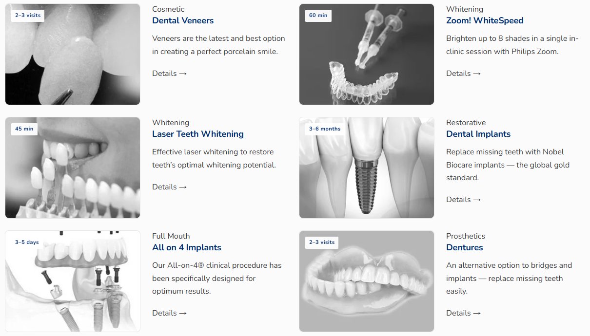 การ์ดการรักษาบนเว็บ Bangkok Inter Dental ที่ติดป้ายระยะเวลา เช่น วีเนียร์ 2–3 ครั้ง รากฟันเทียม 3–6 เดือน