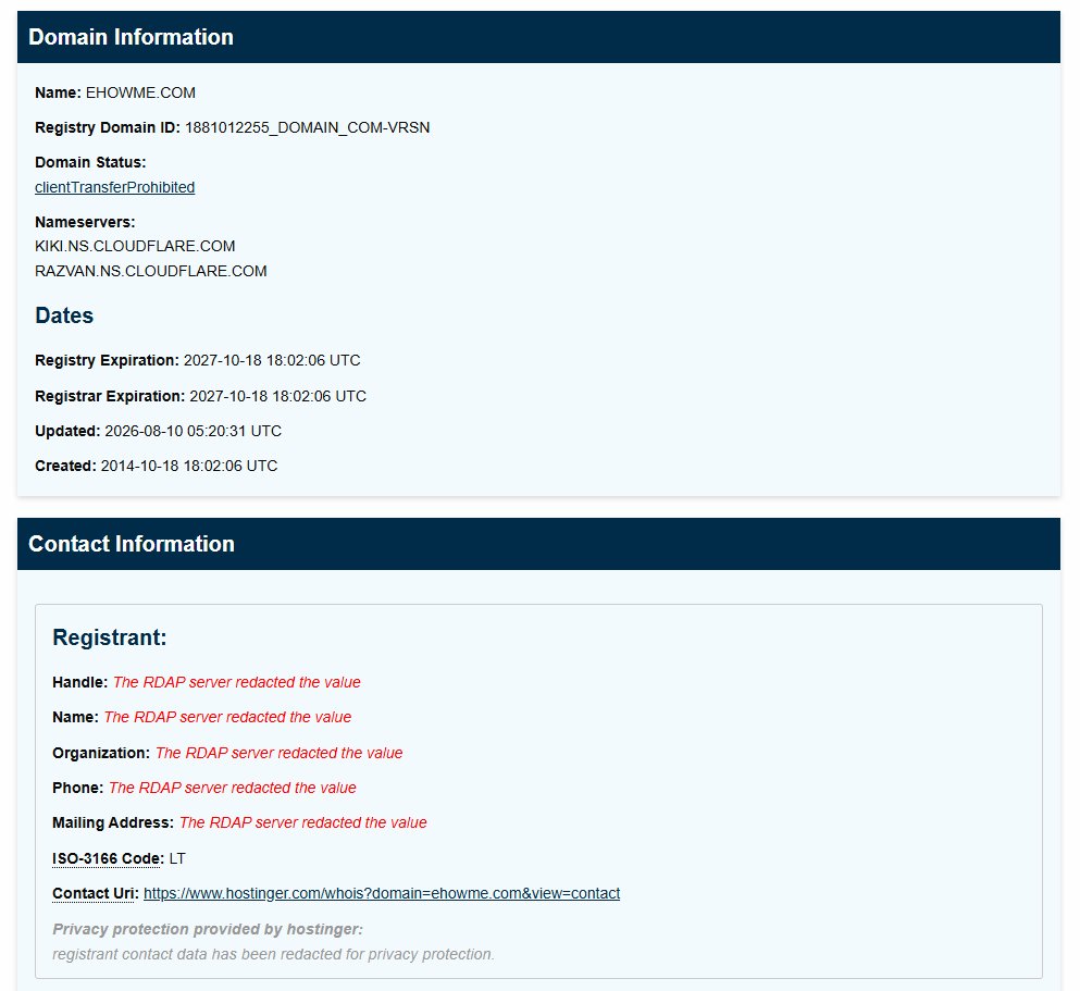 ผลการค้นหาข้อมูลโดเมน ehowme.com ด้วย ICANN Lookup แสดงสถานะโดเมน เนมเซิร์ฟเวอร์ วันจดทะเบียนและวันหมดอายุ