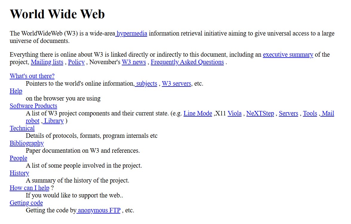 หน้าเว็บ The World Wide Web project บน info.cern.ch เว็บไซต์แรกของโลกจาก CERN ที่มีแต่ข้อความและลิงก์
