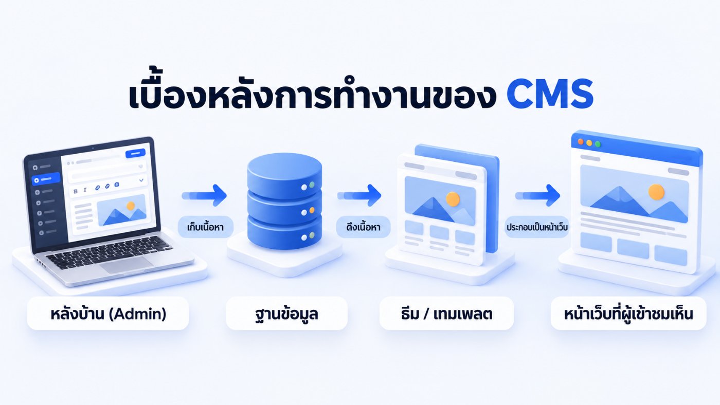 แผนภาพการทำงานของ CMS จากหลังบ้าน เก็บเนื้อหาในฐานข้อมูล ดึงไปใส่ธีม แล้วประกอบเป็นหน้าเว็บที่ผู้เข้าชมเห็น