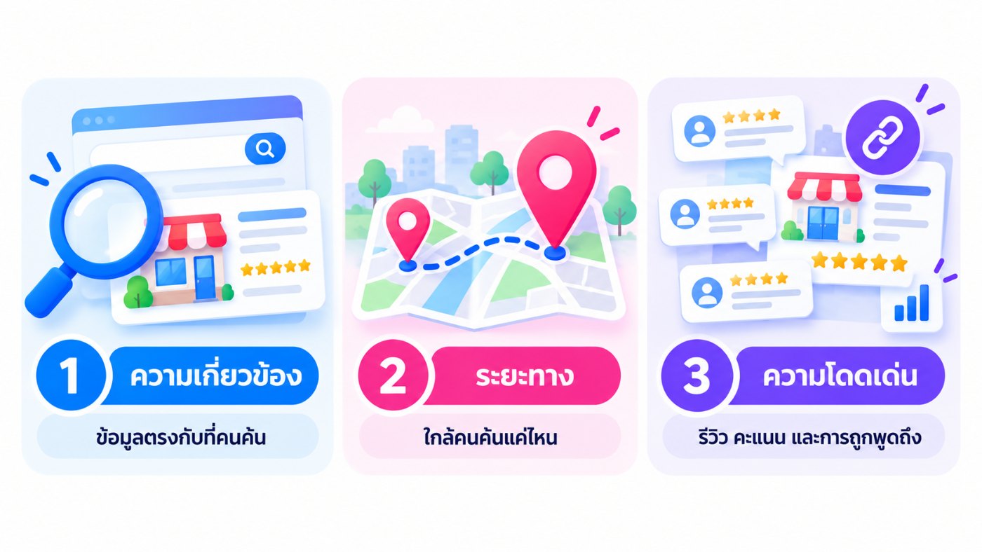 ภาพอธิบายปัจจัยจัดอันดับธุรกิจท้องถิ่นบน Google 3 อย่าง ได้แก่ ความเกี่ยวข้อง ระยะทาง และความโดดเด่น