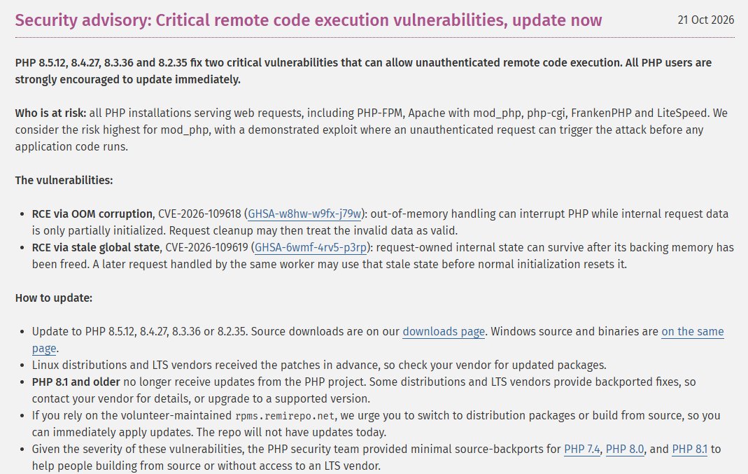 ประกาศ Security advisory บนเว็บไซต์ php.net วันที่ 21 ต.ค. 2026 ระบุเวอร์ชัน PHP ที่แก้ช่องโหว่ CVE-2026-109618 และ CVE-2026-109619