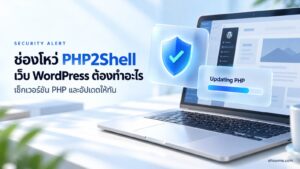 ภาพปกบทความช่องโหว่ PHP2Shell เว็บ WordPress ต้องทำอะไร มีโน้ตบุ๊กพร้อมแผงโล่ความปลอดภัยและแถบอัปเดต PHP