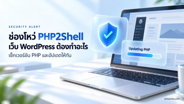 ภาพปกบทความช่องโหว่ PHP2Shell เว็บ WordPress ต้องทำอะไร มีโน้ตบุ๊กพร้อมแผงโล่ความปลอดภัยและแถบอัปเดต PHP