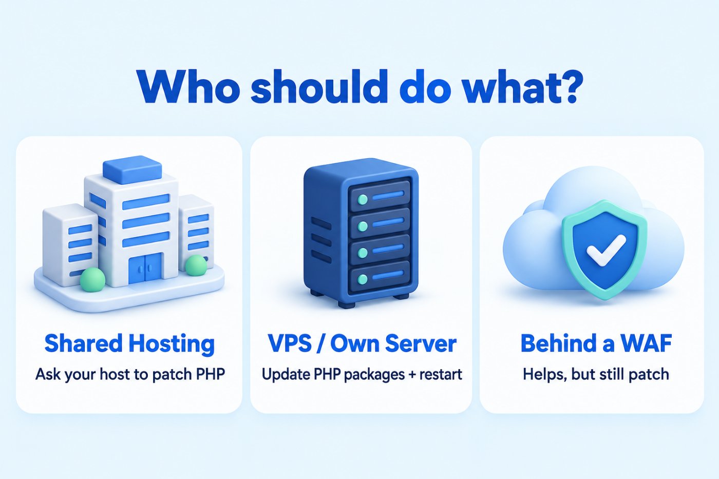 แผนภาพสามช่องแสดงสิ่งที่ต้องทำเมื่อเจอช่องโหว่ PHP: Shared Hosting ให้ถามโฮสต์, VPS ให้อัปเดตแพ็กเกจ PHP แล้วรีสตาร์ต, มี WAF ช่วยได้แต่ยังต้องแพตช์