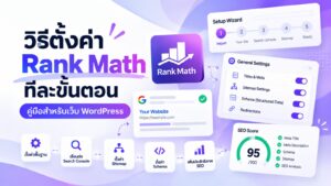 ภาพปกบทความวิธีตั้งค่า Rank Math ทีละขั้นตอน คู่มือสำหรับเว็บ WordPress แสดง Setup Wizard, General Settings, ขั้นตอนตั้งค่า และคะแนน SEO