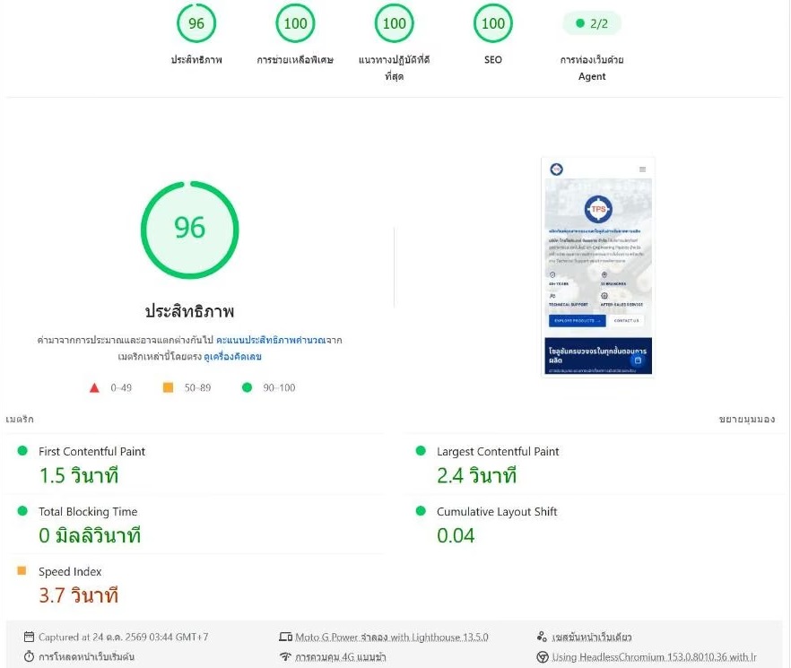 ผล PageSpeed Insights หน้าแรกไทยโพลิเมอร์ ซัพพลาย บนมือถือ คะแนนประสิทธิภาพ 96