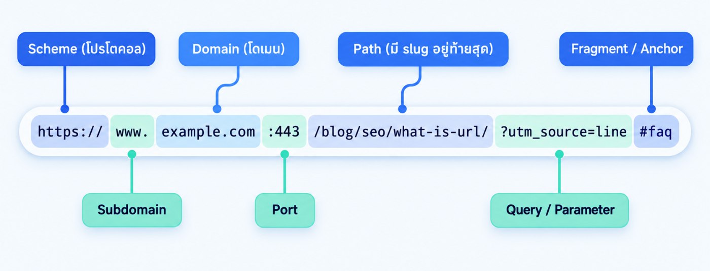 แผนภาพแยกส่วนประกอบของ URL ได้แก่ Scheme, Subdomain, Domain, Port, Path, Query และ Fragment