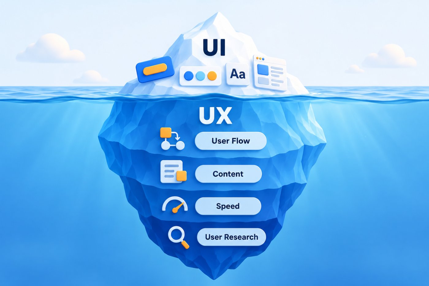 ภาพภูเขาน้ำแข็งเปรียบเทียบ UI ที่มองเห็นบนผิวน้ำ กับ UX ที่อยู่ใต้น้ำ ได้แก่ User Flow, Content, Speed และ User Research