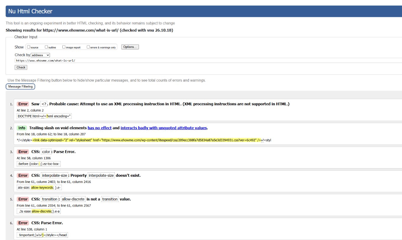 ผลตรวจหน้าบทความ ehowme.com ด้วย Nu Html Checker ของ W3C แสดงรายการ error และ info พร้อมเลขบรรทัด