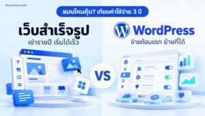 ภาพปกเปรียบเทียบเว็บสำเร็จรูปกับ WordPress แบ่งสองฝั่ง พร้อมข้อความแบบไหนคุ้ม เทียบค่าใช้จ่าย 3 ปี
