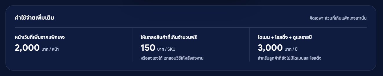 ตัวอย่างค่าใช้จ่ายเพิ่มเติมนอกแพ็กเกจ ค่าหน้าเว็บเพิ่ม ค่าลงสินค้าต่อ SKU และค่าโดเมนโฮสติ้งรายปี