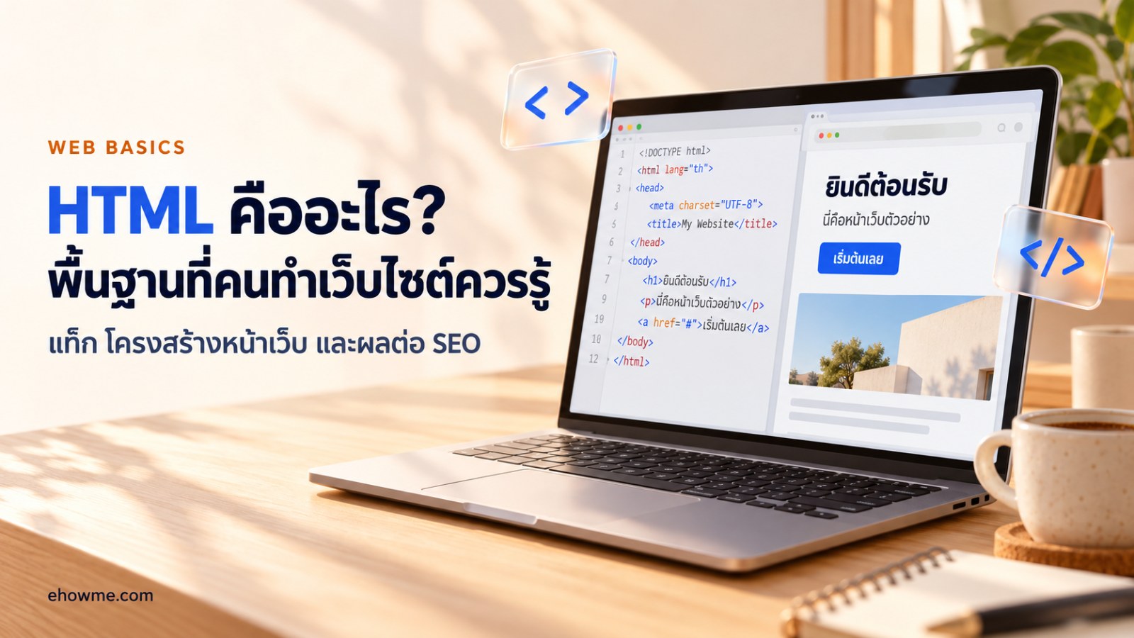 แล็ปท็อปบนโต๊ะไม้ แสดงโค้ด HTML คู่กับหน้าเว็บตัวอย่าง พร้อมหัวข้อ HTML คืออะไร พื้นฐานที่คนทำเว็บไซต์ควรรู้