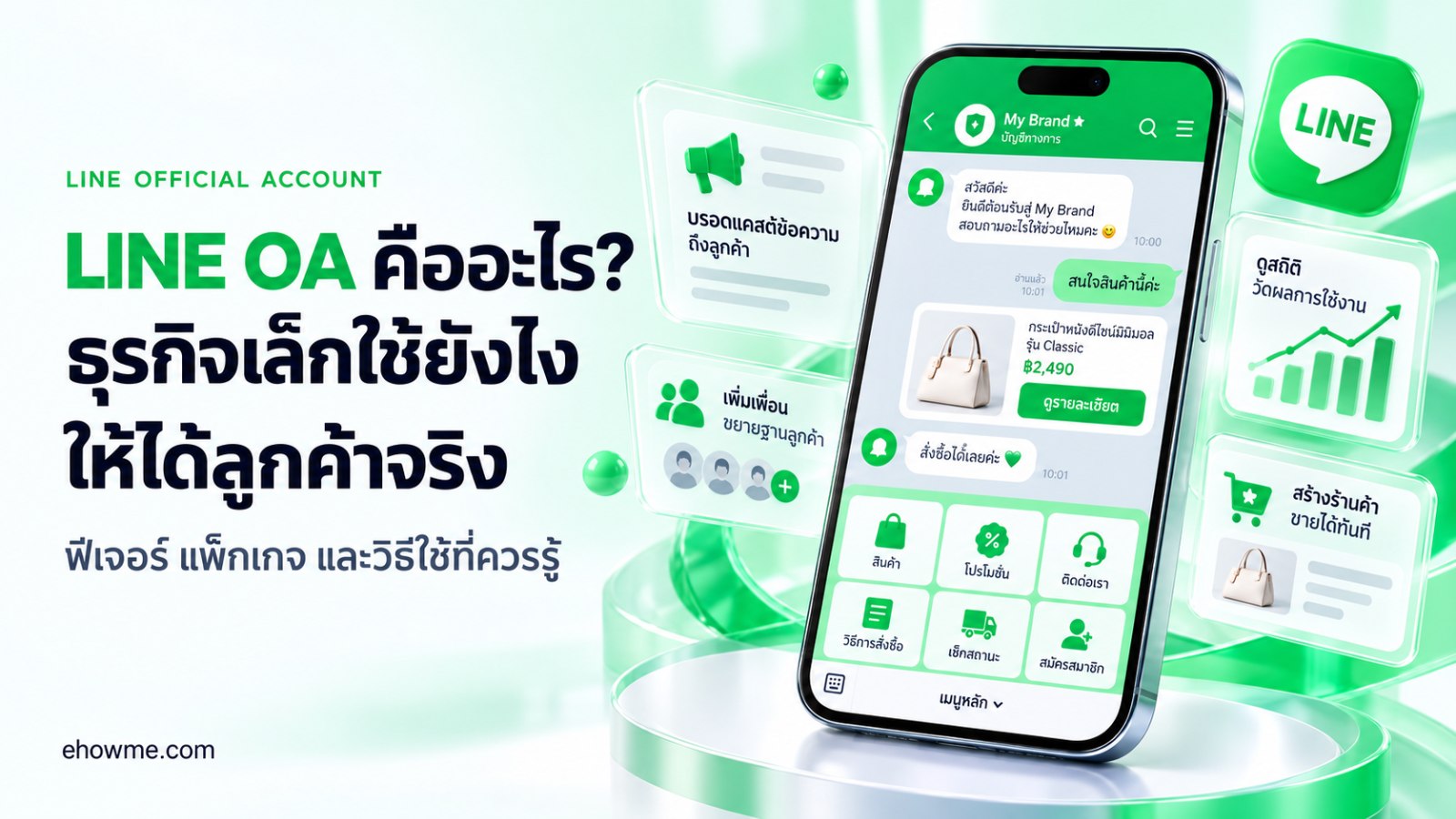 ภาพปกบทความ LINE OA คืออะไร ธุรกิจเล็กใช้ยังไงให้ได้ลูกค้าจริง โทนสีเขียว มีสมาร์ทโฟนแสดงหน้าแชทร้านค้าและเมนูลัดด้านล่าง