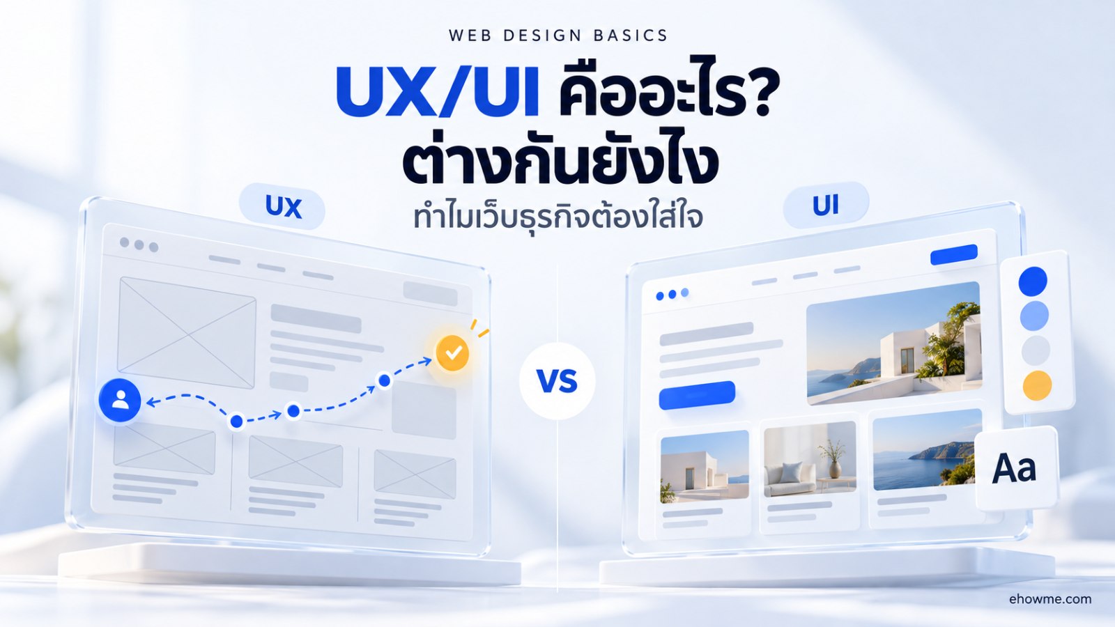 ภาพปกบทความ UX/UI คืออะไร ต่างกันยังไง เทียบหน้าเว็บแบบโครงร่างฝั่ง UX กับหน้าเว็บที่ออกแบบเสร็จฝั่ง UI
