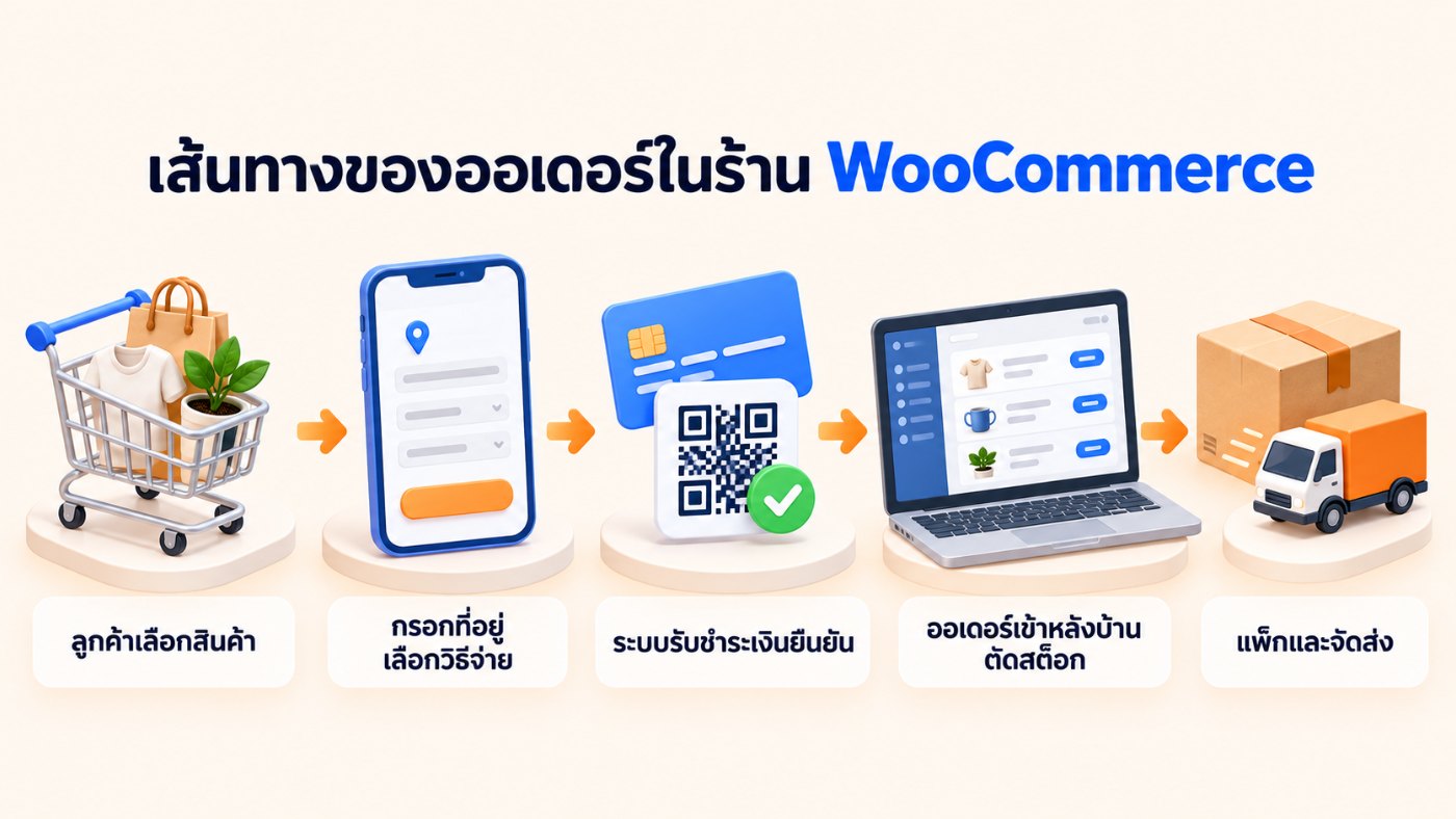แผนภาพเส้นทางออเดอร์ในร้าน WooCommerce ตั้งแต่ลูกค้าเลือกสินค้า ชำระเงิน ออเดอร์เข้าหลังบ้าน จนถึงจัดส่ง