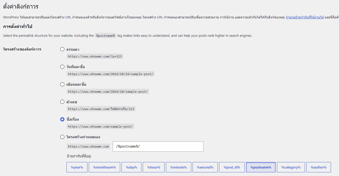 หน้าตั้งค่าลิงก์ถาวร (Permalinks) ใน WordPress เลือกโครงสร้างแบบชื่อเรื่อง