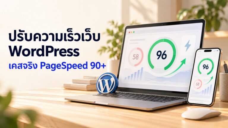 ภาพปกบทความเคสจริงปรับความเร็วเว็บ WordPress ให้ PageSpeed 90+ มีโน้ตบุ๊กและมือถือแสดงคะแนนจาก 58 เป็น 96 และโลโก้ WordPress